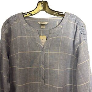 Christopher & Banks Blue Plaid 3/4 Sleeve Tunic Top W/Lace Detail Size L